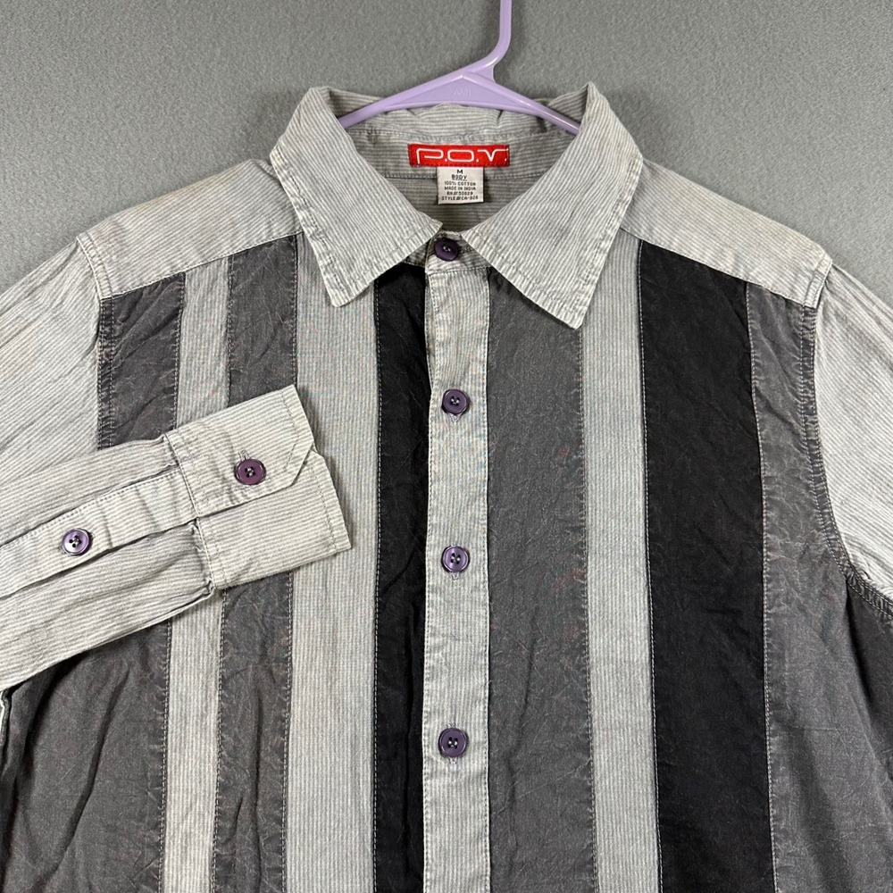 POV Mens Grey Black Vertical Stripe Cotton Button Down Shirt Size M CA-926